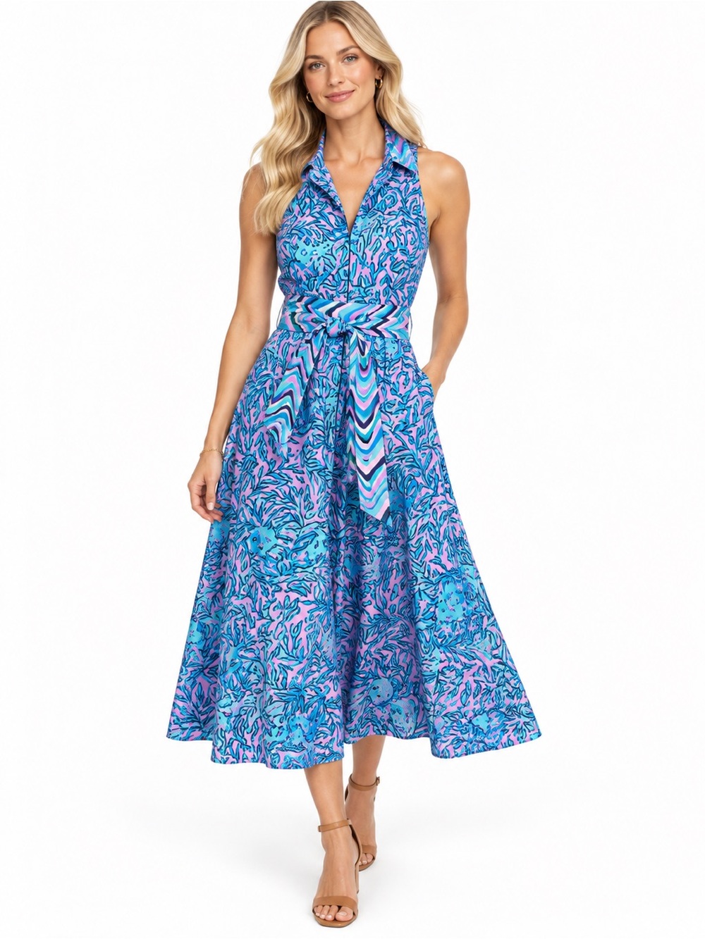 Lilly Pulitzer Chrisella Blue Pink Floral Stretch Midi Shirtdress Dress 2